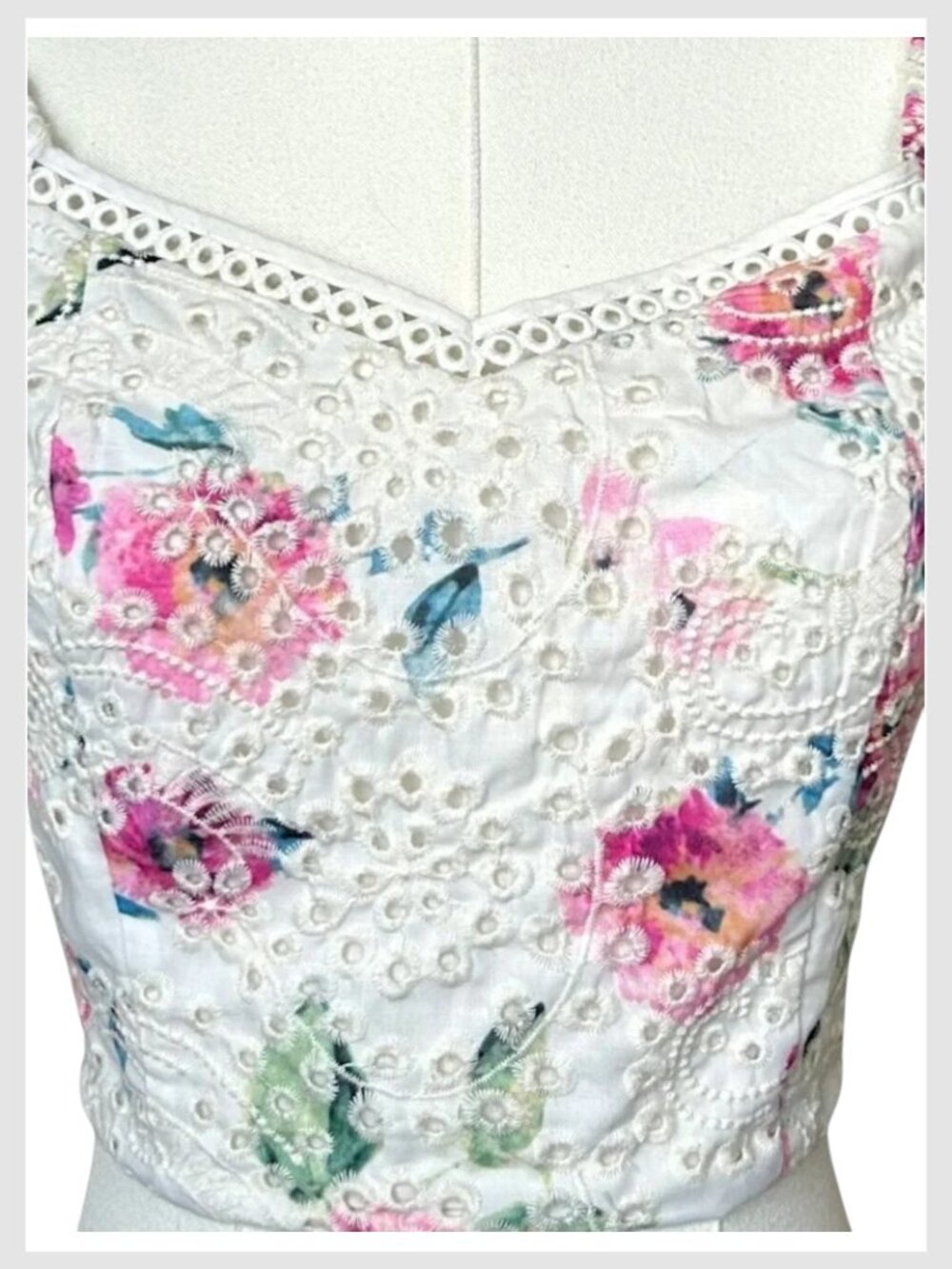 Aqua Crop Top White Pink Floral Eyelet Puff Sleeve S - Picture 5 of 9